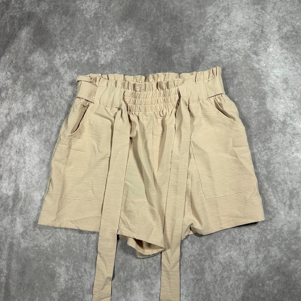 Iwollence Beige Paperbag Waist Shorts L Elastic Self Tie Belt Womens Boho NEW